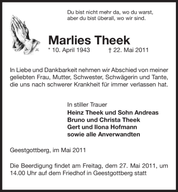 Traueranzeige von Marlies Theek von ALLGEMEINE ZEITUNG UELZEN