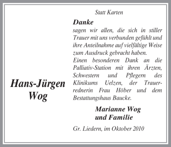 Traueranzeige von Hans-Jürgen Wog von ALLGEMEINE ZEITUNG UELZEN