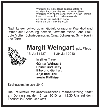 Traueranzeige von Margit Weingart von ALLGEMEINE ZEITUNG UELZEN