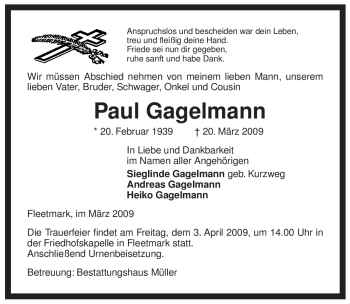 Traueranzeige von Paul Gagelmann von ALLGEMEINE ZEITUNG UELZEN