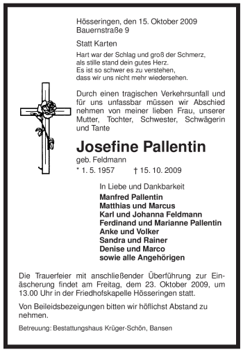 Traueranzeige von Josefine Pallentin von ALLGEMEINE ZEITUNG UELZEN