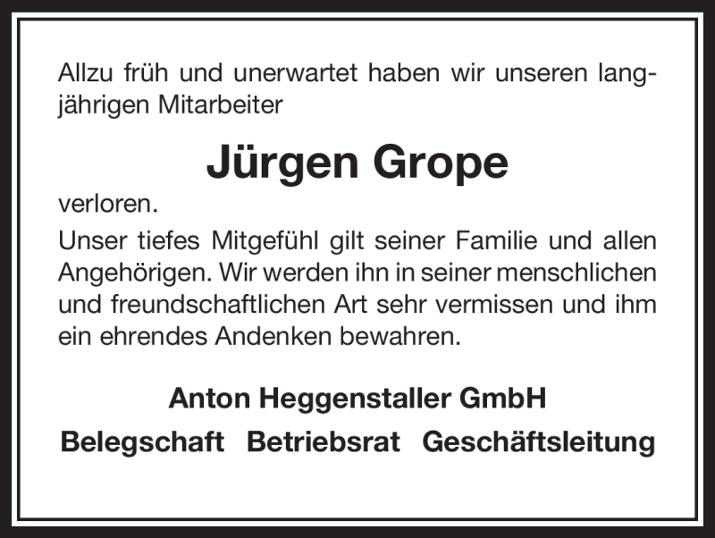  Traueranzeige für Jürgen Grope vom 03.11.2010 aus ALLGEMEINE ZEITUNG UELZEN