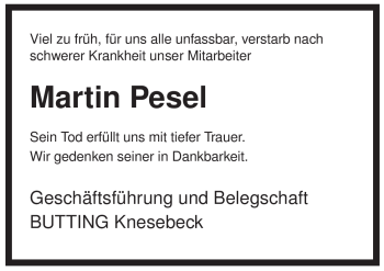 Traueranzeige von Martin Pesel von ALLGEMEINE ZEITUNG UELZEN