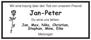 Traueranzeige von Jan-Peter Unbekannt von ALLGEMEINE ZEITUNG UELZEN