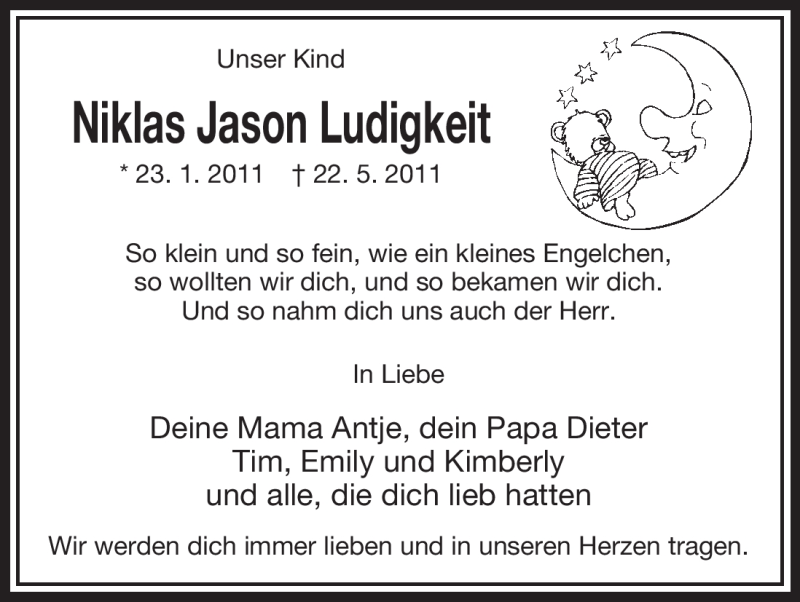  Traueranzeige für Niklas Jason Ludigkeit vom 28.05.2011 aus ALLGEMEINE ZEITUNG UELZEN