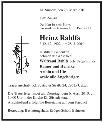 Traueranzeige von Heinz Rahlfs von ALLGEMEINE ZEITUNG UELZEN