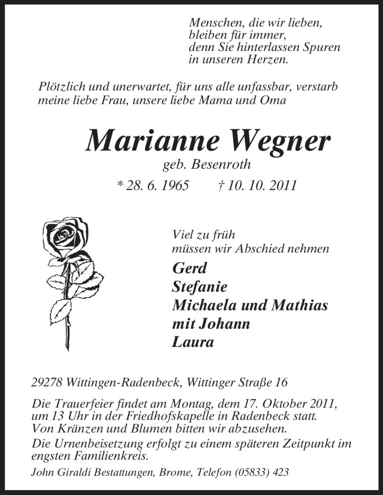  Traueranzeige für Marianne Wegner vom 12.10.2011 aus ALLGEMEINE ZEITUNG UELZEN