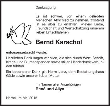 Traueranzeige von Bernd Karschol von Uelzen