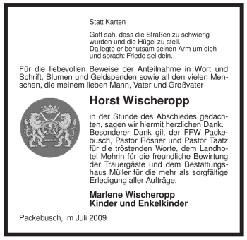 Traueranzeige von Horst Wischeropp von ALLGEMEINE ZEITUNG UELZEN