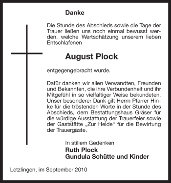 Traueranzeige von August Plock von ALLGEMEINE ZEITUNG UELZEN