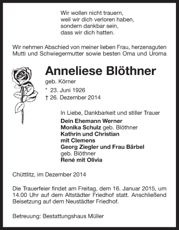 Traueranzeige von Anneliese Blöthner von Uelzen