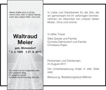 Traueranzeige von Waltraud Meier von ALLGEMEINE ZEITUNG UELZEN