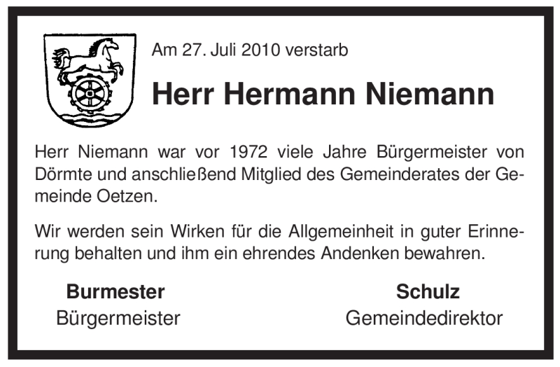  Traueranzeige für Hermann Niemann vom 30.07.2010 aus ALLGEMEINE ZEITUNG UELZEN