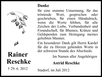 Traueranzeige von Rainer Reschke von ALLGEMEINE ZEITUNG UELZEN