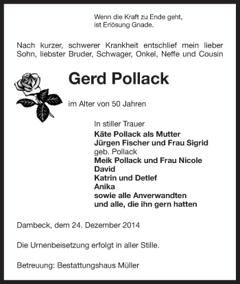 Traueranzeige von Gerd Pollack von Uelzen