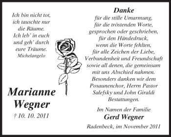 Traueranzeige von Marianne Wegner von ALLGEMEINE ZEITUNG UELZEN