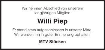 Traueranzeige von Willi Piep von ALLGEMEINE ZEITUNG UELZEN