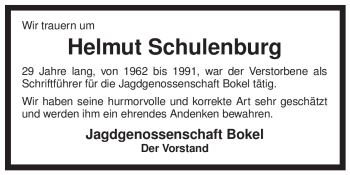 Traueranzeige von Helmut Schulenburg von ALLGEMEINE ZEITUNG UELZEN