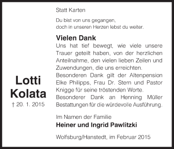 Traueranzeige von Lotti Kolata von Uelzen