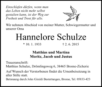 Traueranzeige von Hannelore Schulze von Uelzen