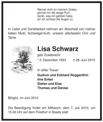 Traueranzeige von Lisa Schwarz von ALLGEMEINE ZEITUNG UELZEN