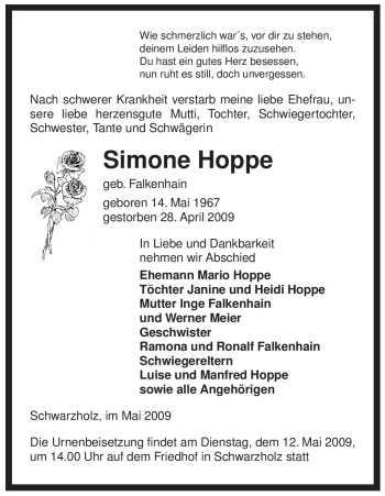 Traueranzeige von Simone Hoppe von ALLGEMEINE ZEITUNG UELZEN