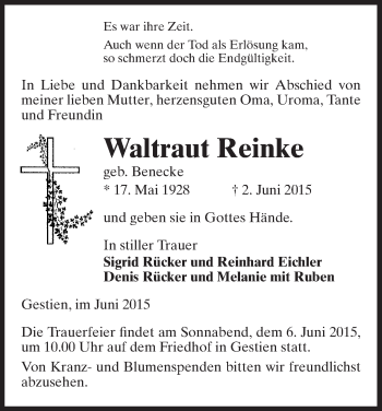 Traueranzeige von Waltraut Reinke von Uelzen