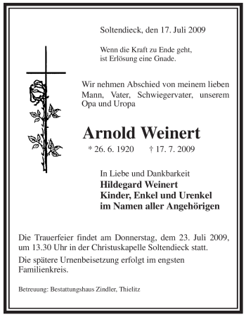 Traueranzeige von Arnold Weinert von ALLGEMEINE ZEITUNG UELZEN