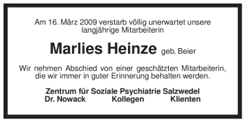 Traueranzeige von Marlies Heinze von ALLGEMEINE ZEITUNG UELZEN