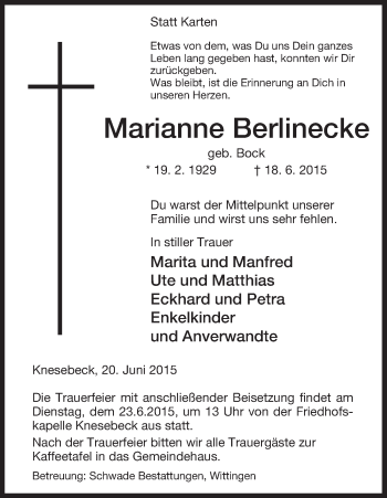 Traueranzeige von Marianne Berlinecke von Uelzen
