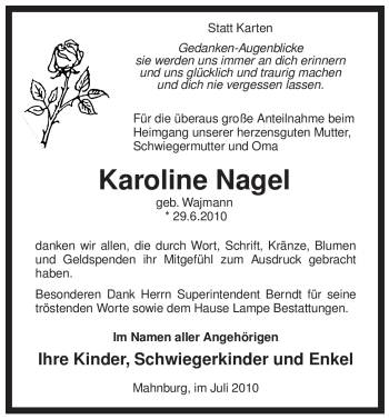 Traueranzeige von Karoline Nagel von ALLGEMEINE ZEITUNG UELZEN