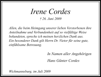 Traueranzeige von Irene Cordes von ALLGEMEINE ZEITUNG UELZEN