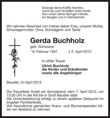 Traueranzeige von Gerda Buchholz von ALLGEMEINE ZEITUNG UELZEN