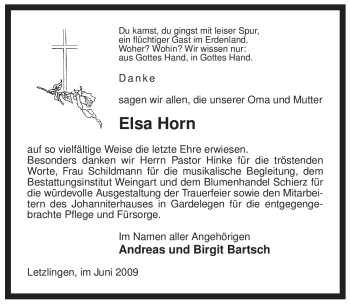 Traueranzeige von Elsa Horn von ALLGEMEINE ZEITUNG UELZEN