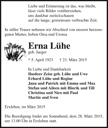 Traueranzeige von Erna Lühe von Uelzen