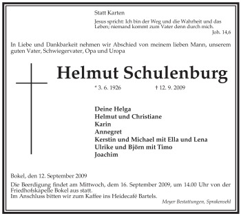 Traueranzeige von Helmut Schulenburg von ALLGEMEINE ZEITUNG UELZEN