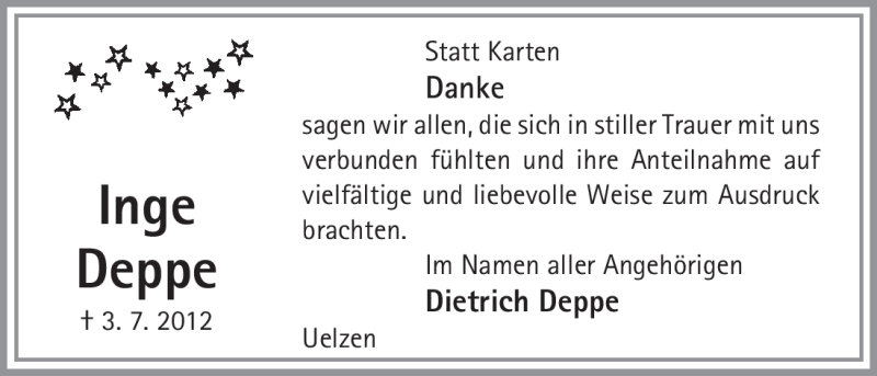  Traueranzeige für Inge Deppe vom 28.07.2012 aus ALLGEMEINE ZEITUNG UELZEN