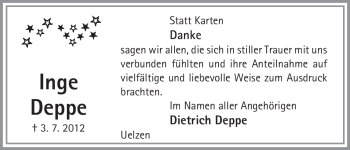 Traueranzeige von Inge Deppe von ALLGEMEINE ZEITUNG UELZEN