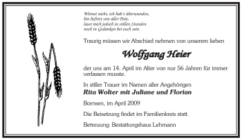 Traueranzeige von Wolfgang Heier von ALLGEMEINE ZEITUNG UELZEN