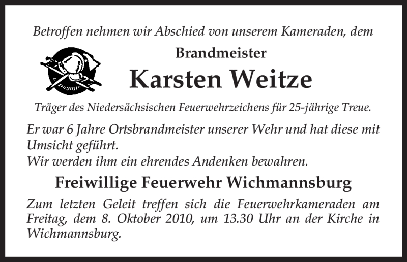  Traueranzeige für Karsten Weitze vom 05.10.2010 aus ALLGEMEINE ZEITUNG UELZEN