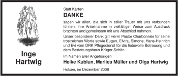 Traueranzeige von Inge Hartwig von ALLGEMEINE ZEITUNG UELZEN