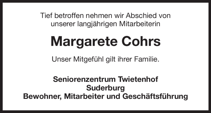  Traueranzeige für Margarete Cohrs vom 21.03.2012 aus ALLGEMEINE ZEITUNG UELZEN