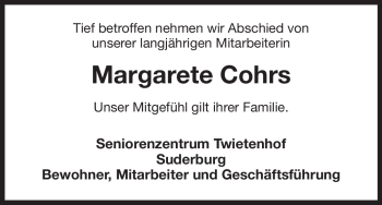 Traueranzeige von Margarete Cohrs von ALLGEMEINE ZEITUNG UELZEN