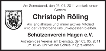 Traueranzeige von Christoph Röling von ALLGEMEINE ZEITUNG UELZEN