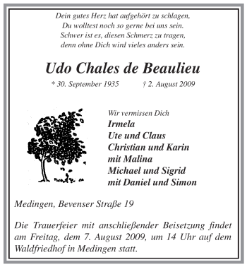 Traueranzeige von Udo Chales de Beaulieu von ALLGEMEINE ZEITUNG UELZEN