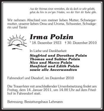Traueranzeige von Irma Polzin von ALLGEMEINE ZEITUNG UELZEN