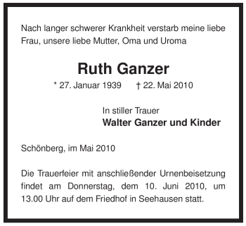 Traueranzeige von Ruth Ganzer von ALLGEMEINE ZEITUNG UELZEN