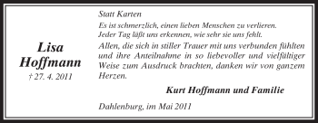 Traueranzeige von Lisa Hoffmann von ALLGEMEINE ZEITUNG UELZEN