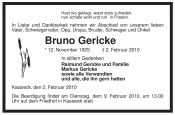 Traueranzeige von Bruno Gericke von ALLGEMEINE ZEITUNG UELZEN