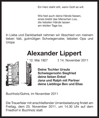 Traueranzeige von Alexander Lippert von ALLGEMEINE ZEITUNG UELZEN